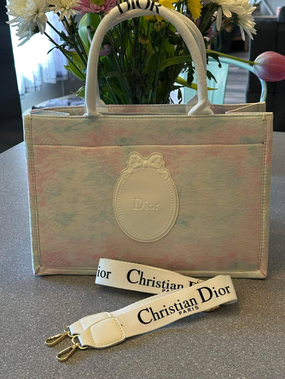 Pastel Pink and Blue Book Tote with Branded Strap